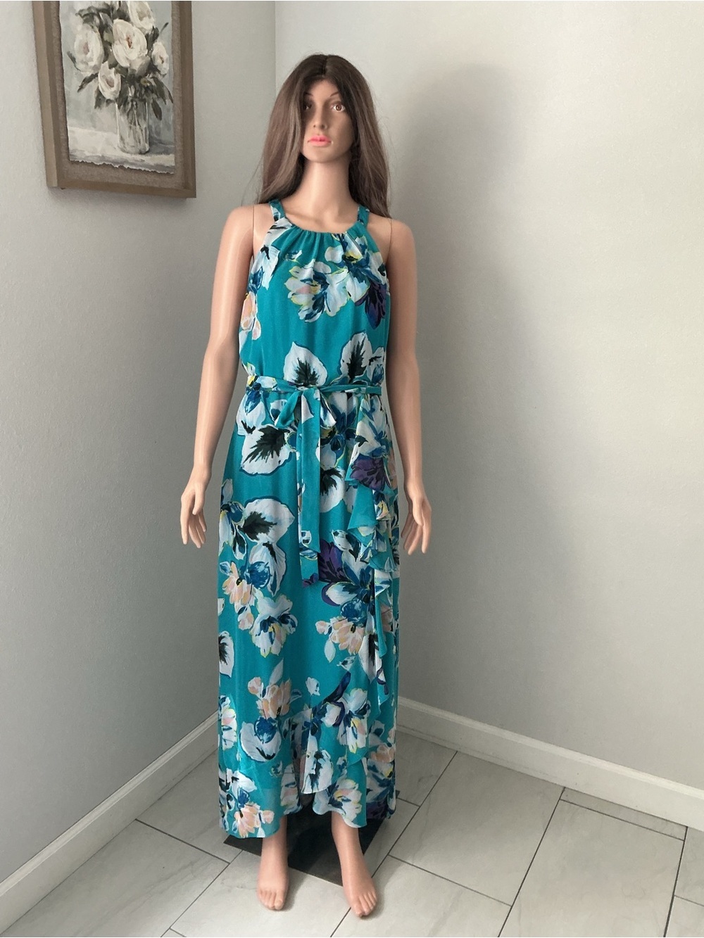 Floral Teal Halter Maxi Dress with Self-Tie Waist